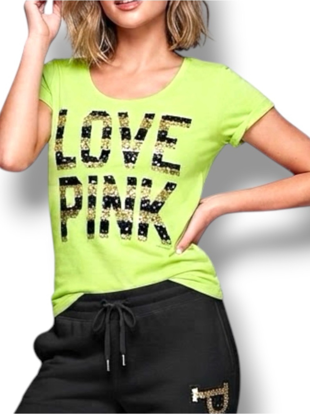 Vintage Victoria’s Secret PINK Y2K Bling Neon Green Sequin Love Pink Tee NWOT XS